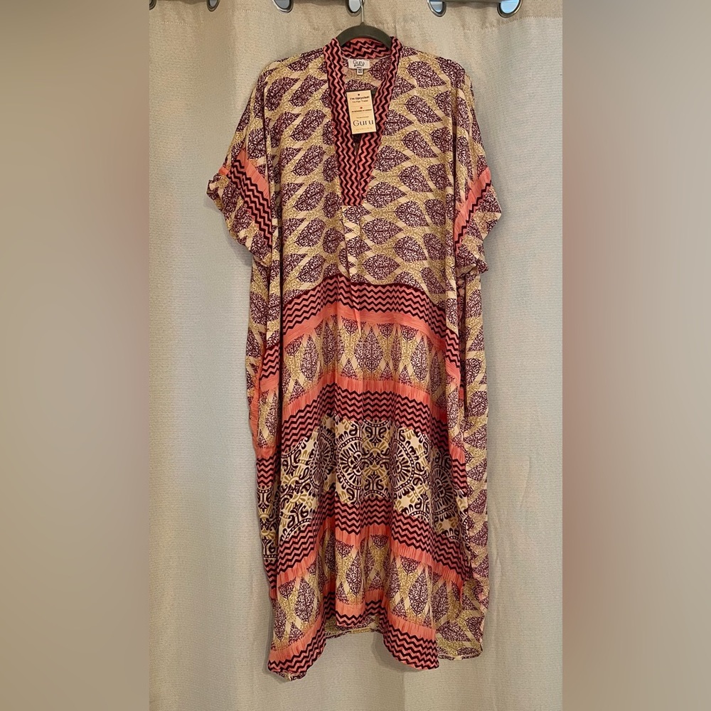 V neck Pink Print Silk Kaftan